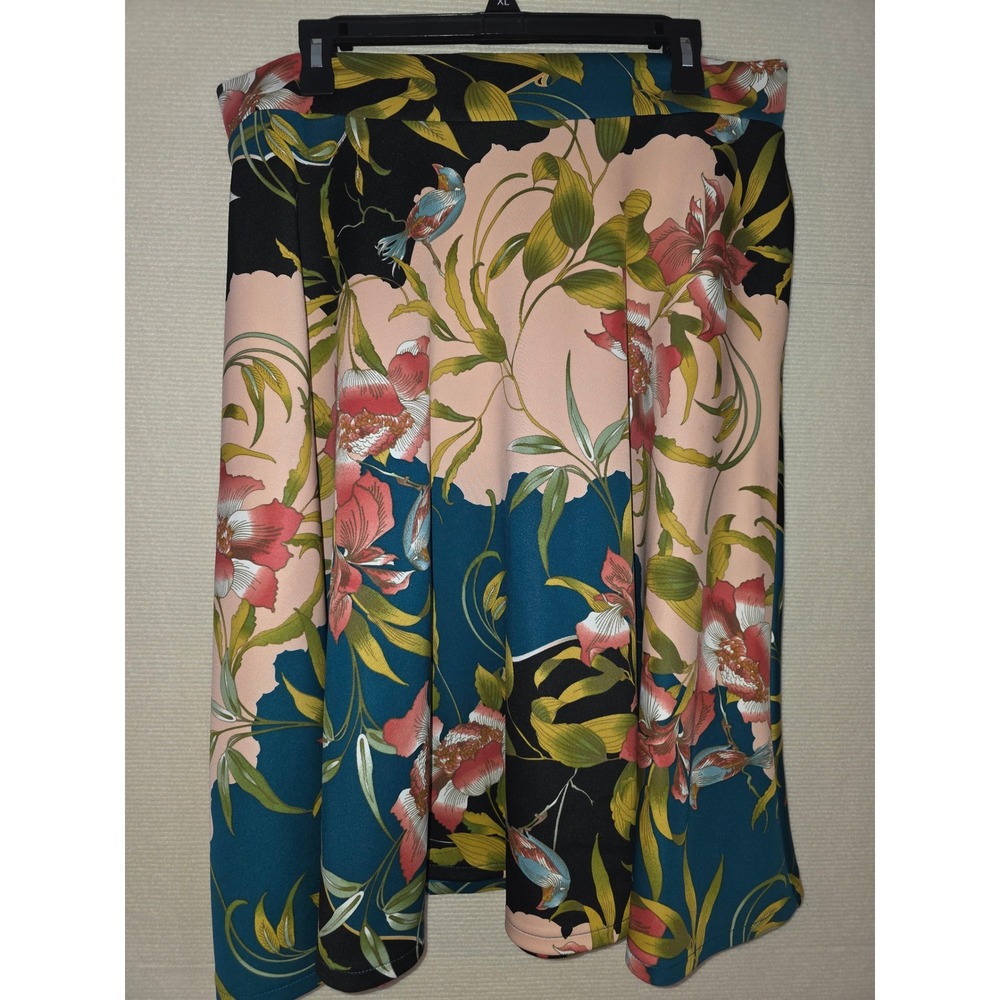 New York & Company Floral Bird Print A-Line Skirt XL Teal Pink Tropical Scuba